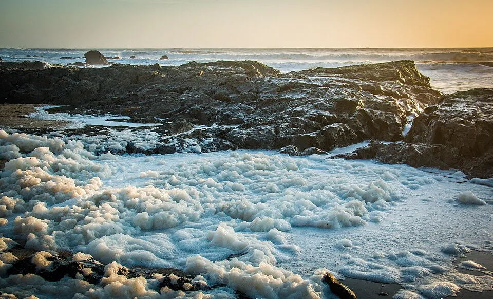 Waves washing over rocks on the coast.